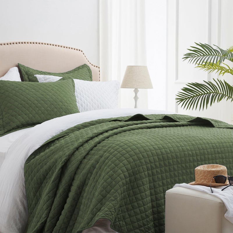 SunStyle Home Quilts Queen Size Olive Green, Lightweight Comforter Bedspreads, Full Queen Size Quilt Bedding Set, Durable Quilted Stitching Coverlet with 2 Pillow Shams Diamond All Seasons 3pcs - Image 1